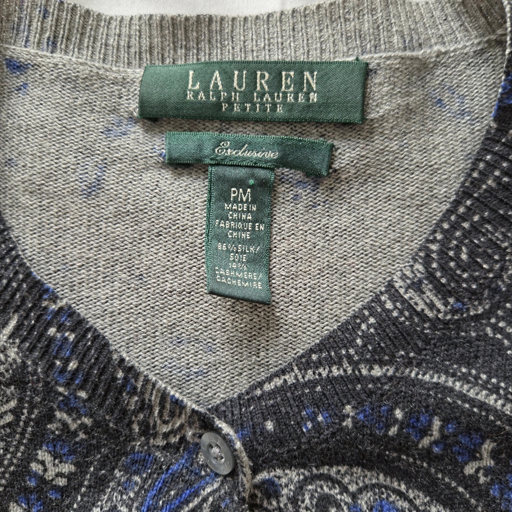 Lauren Ralph Lauren Petite Paisley V-Neck Cardigan in Gray and Blue